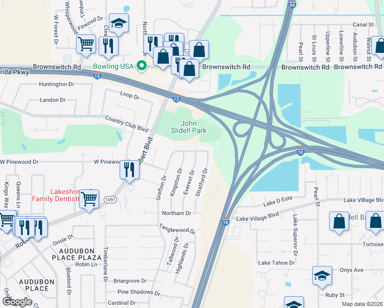 map of restaurants, bars, coffee shops, grocery stores, and more near 88 Grafton Drive in Slidell
