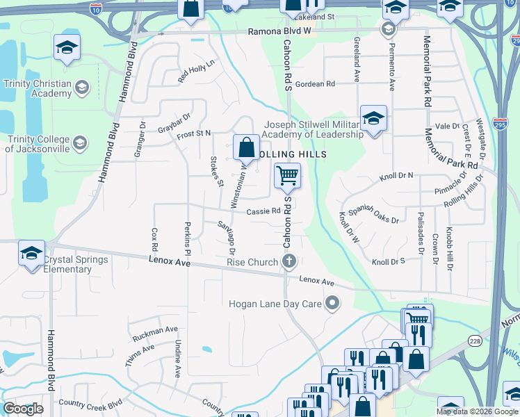 map of restaurants, bars, coffee shops, grocery stores, and more near 8242 Frost Street North in Jacksonville