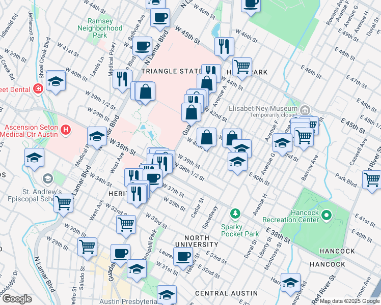 map of restaurants, bars, coffee shops, grocery stores, and more near 3908 Avenue B in Austin