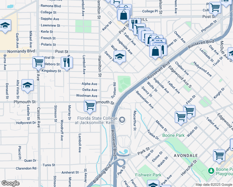 map of restaurants, bars, coffee shops, grocery stores, and more near 1146 Scotten Road in Jacksonville