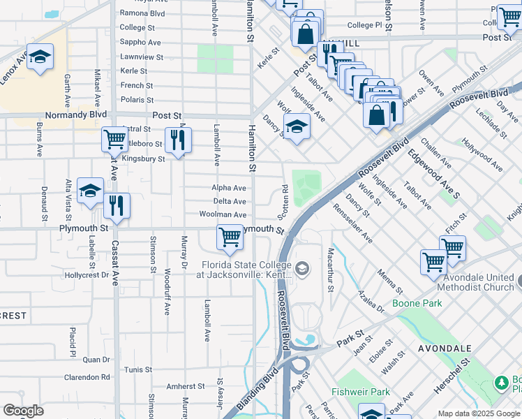 map of restaurants, bars, coffee shops, grocery stores, and more near 4345 Bethwood Circle in Jacksonville