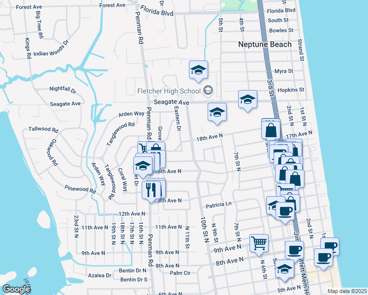 map of restaurants, bars, coffee shops, grocery stores, and more near 1811 Eastern Drive in Jacksonville Beach