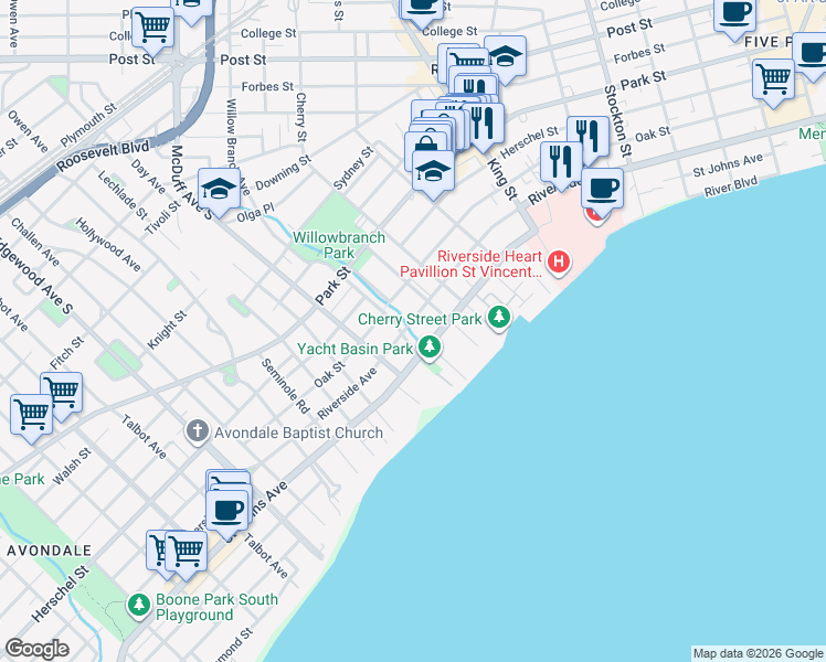 map of restaurants, bars, coffee shops, grocery stores, and more near 2918 Riverside Avenue in Jacksonville