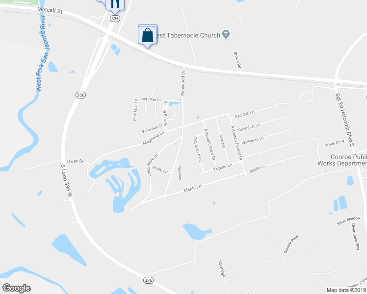 map of restaurants, bars, coffee shops, grocery stores, and more near 201 Pinewood Drive in Conroe
