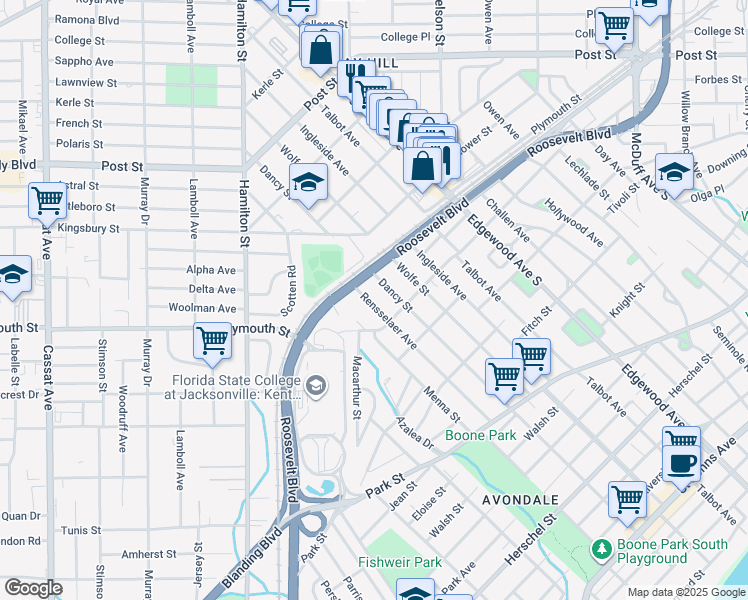 map of restaurants, bars, coffee shops, grocery stores, and more near 1233 Rensselaer Avenue in Jacksonville