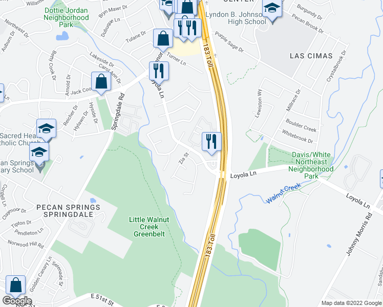 map of restaurants, bars, coffee shops, grocery stores, and more near 5301 Loyola Lane in Austin