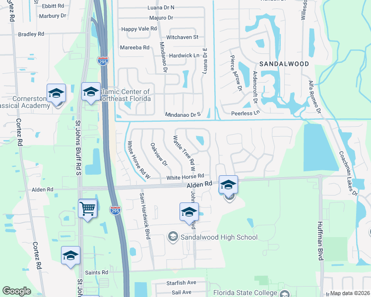 map of restaurants, bars, coffee shops, grocery stores, and more near 2450 Wattle Tree Road West in Jacksonville
