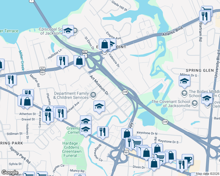 map of restaurants, bars, coffee shops, grocery stores, and more near 1913 Art Museum Drive in Jacksonville
