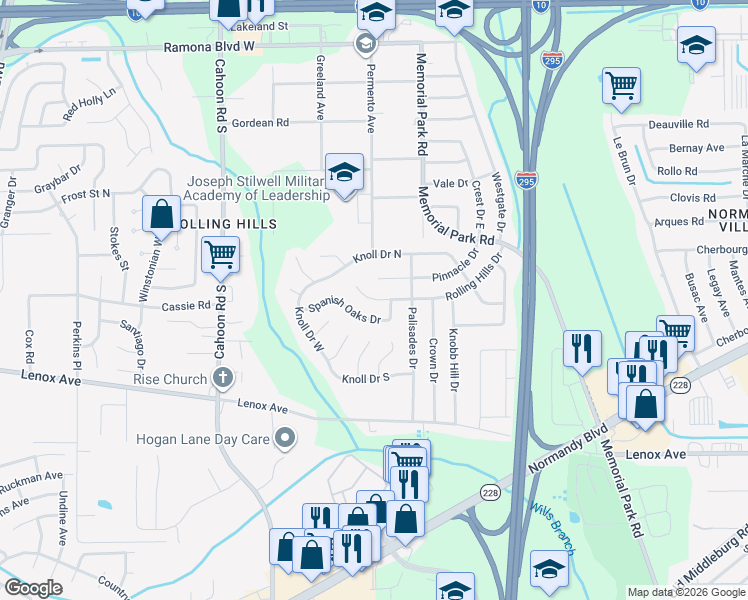 map of restaurants, bars, coffee shops, grocery stores, and more near 7772 Rolling Hills Drive in Jacksonville