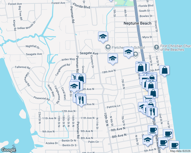 map of restaurants, bars, coffee shops, grocery stores, and more near 1815 Eastern Drive in Jacksonville Beach