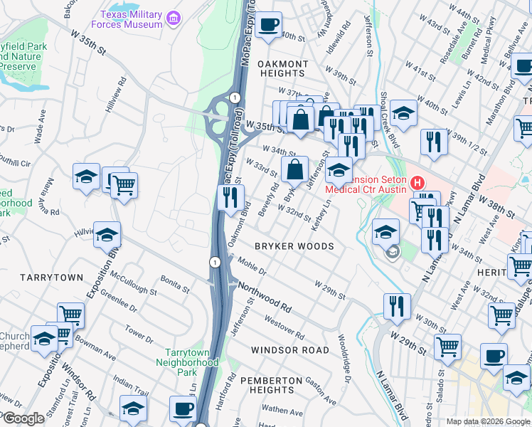 map of restaurants, bars, coffee shops, grocery stores, and more near 1709 West 32nd Street in Austin