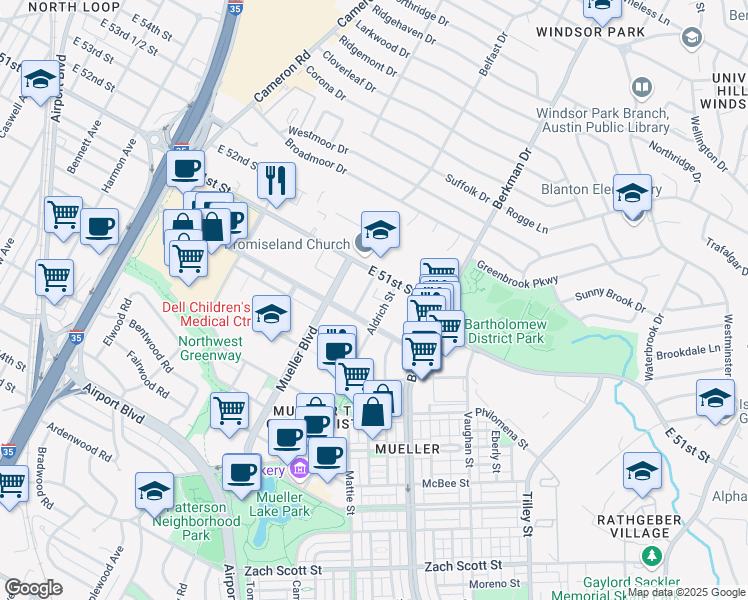 map of restaurants, bars, coffee shops, grocery stores, and more near 2604 Aldrich Street in Austin