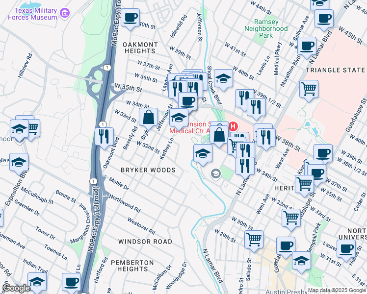 map of restaurants, bars, coffee shops, grocery stores, and more near 3215 Churchill Drive in Austin
