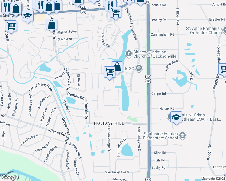 map of restaurants, bars, coffee shops, grocery stores, and more near 2305 Red Moon Drive in Jacksonville