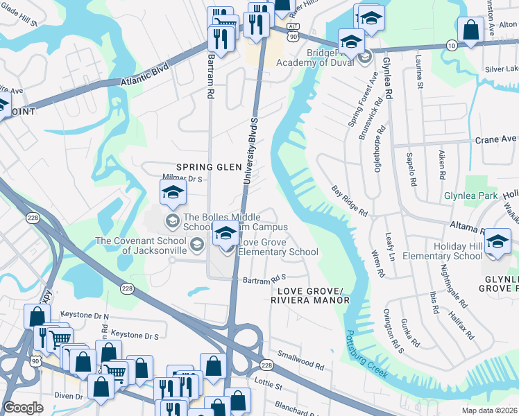 map of restaurants, bars, coffee shops, grocery stores, and more near 2324 Buttonwood Drive in Jacksonville