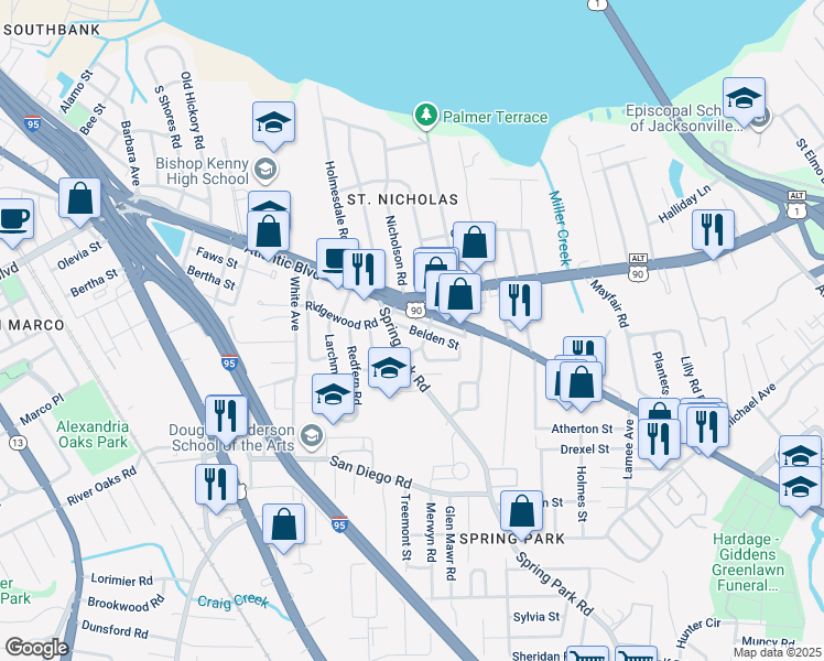 map of restaurants, bars, coffee shops, grocery stores, and more near 3041 Belden Street in Jacksonville