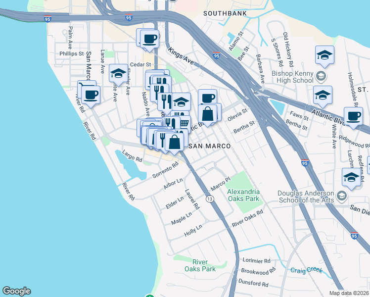 map of restaurants, bars, coffee shops, grocery stores, and more near 2031 Hendricks Avenue in Jacksonville