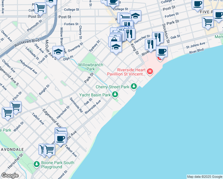 map of restaurants, bars, coffee shops, grocery stores, and more near 2918 Riverside Avenue in Jacksonville