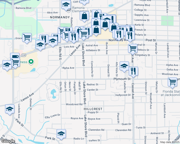 map of restaurants, bars, coffee shops, grocery stores, and more near 5336 Alpha Avenue in Jacksonville