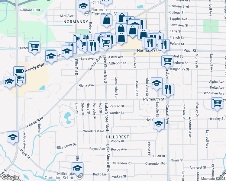 map of restaurants, bars, coffee shops, grocery stores, and more near 5336 Alpha Avenue in Jacksonville