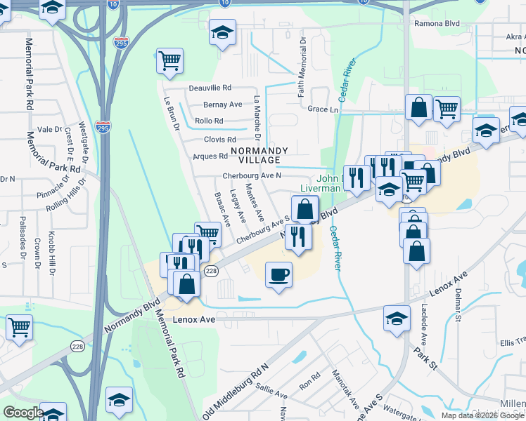 map of restaurants, bars, coffee shops, grocery stores, and more near 1116 La Marche Drive in Jacksonville