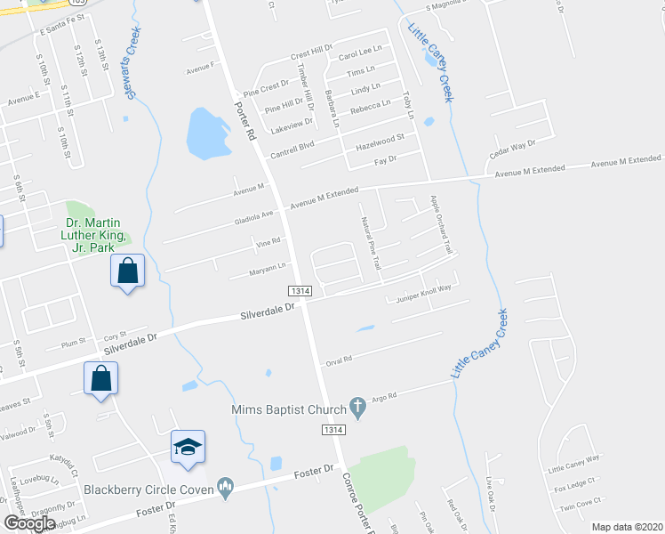 map of restaurants, bars, coffee shops, grocery stores, and more near 1300 Silverdale Drive in Conroe