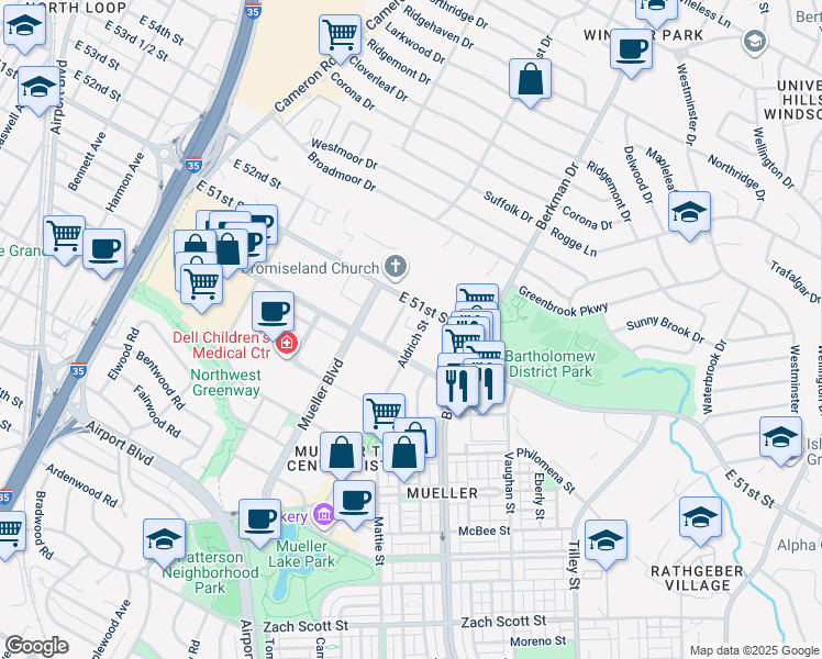 map of restaurants, bars, coffee shops, grocery stores, and more near 1525 East 51st Street in Austin