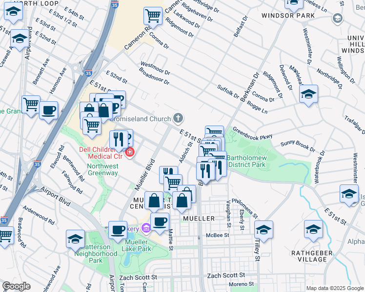 map of restaurants, bars, coffee shops, grocery stores, and more near 1500 Barbara Jordan Boulevard in Austin