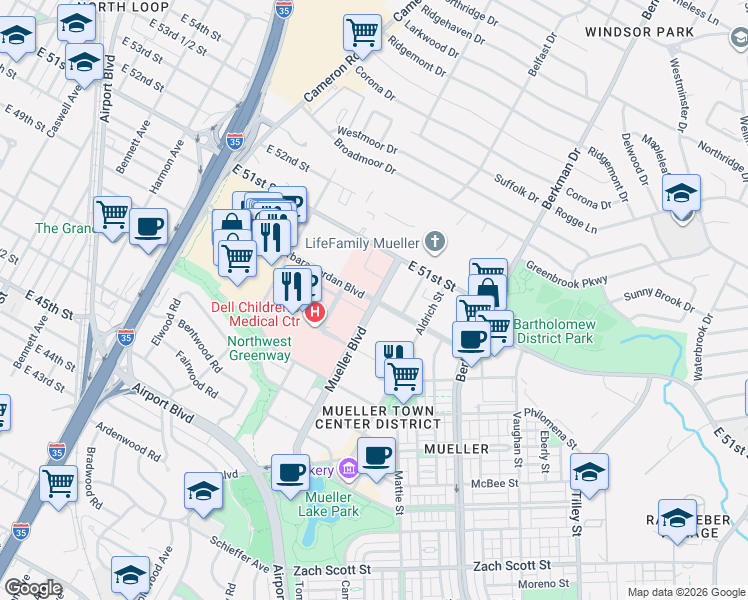 map of restaurants, bars, coffee shops, grocery stores, and more near 1400 Barbara Jordan Boulevard in Austin