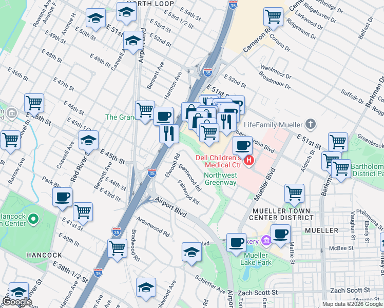 map of restaurants, bars, coffee shops, grocery stores, and more near 1204 Norwood Road in Austin