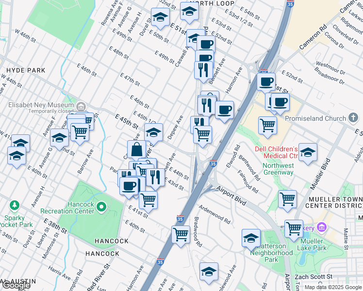 map of restaurants, bars, coffee shops, grocery stores, and more near 4508 Bennett Avenue in Austin