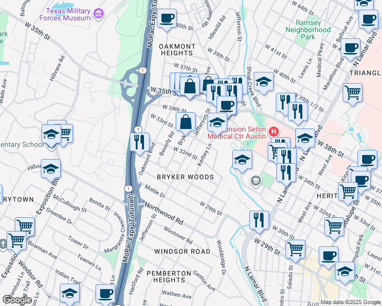 map of restaurants, bars, coffee shops, grocery stores, and more near 3204 Glenview Avenue in Austin