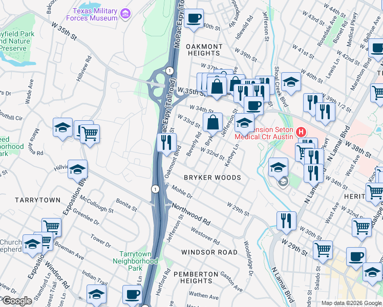 map of restaurants, bars, coffee shops, grocery stores, and more near 1709 West 32nd Street in Austin