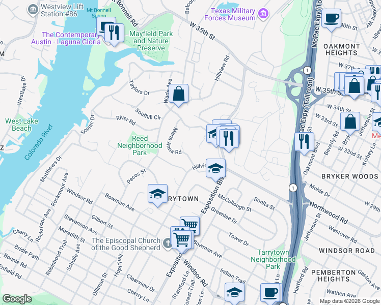 map of restaurants, bars, coffee shops, grocery stores, and more near 2605 Escondido Cove in Austin