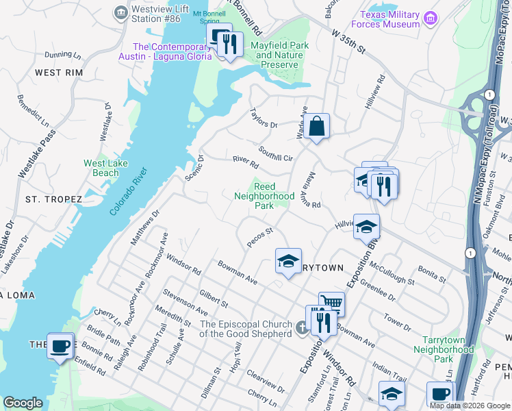 map of restaurants, bars, coffee shops, grocery stores, and more near 2600 Pecos Street in Austin