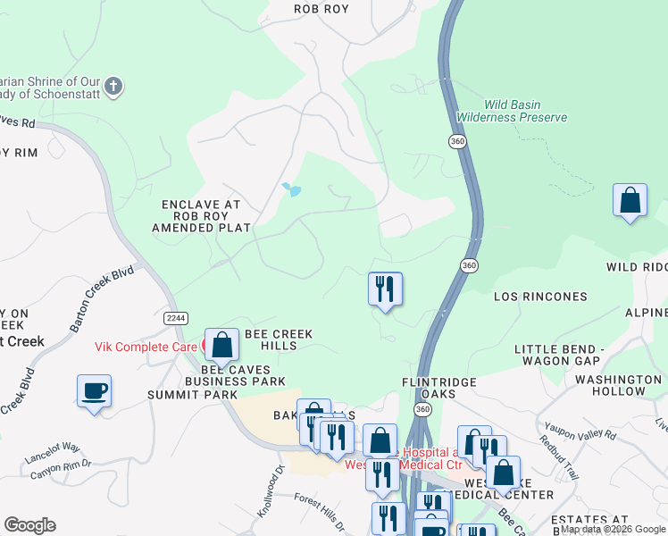 map of restaurants, bars, coffee shops, grocery stores, and more near 215 Wild Basin Road South in West Lake Hills