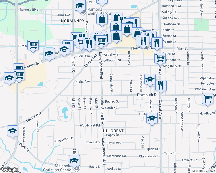 map of restaurants, bars, coffee shops, grocery stores, and more near 5336 Alpha Avenue in Jacksonville