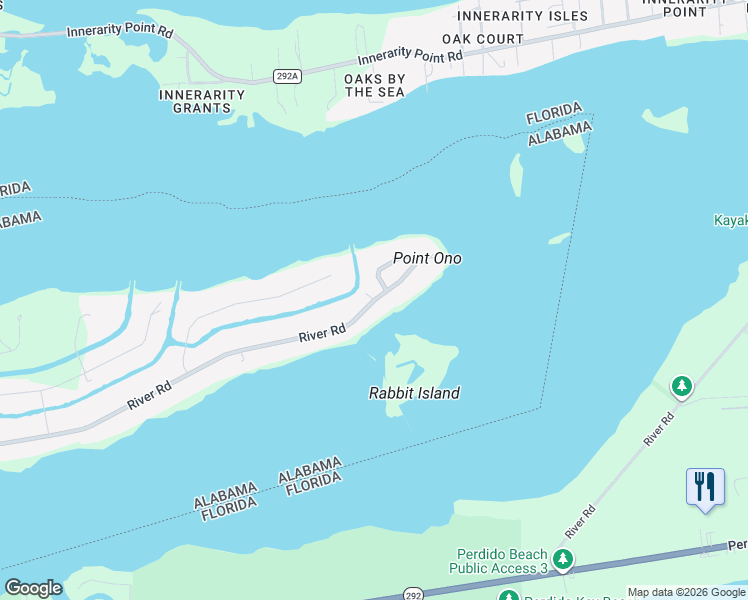 map of restaurants, bars, coffee shops, grocery stores, and more near 33438 River Road in Orange Beach