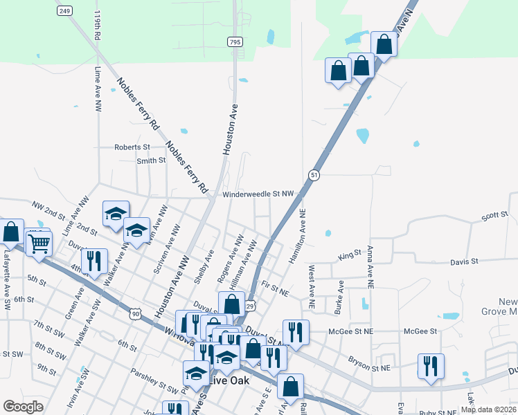map of restaurants, bars, coffee shops, grocery stores, and more near 701-799 Brown Avenue Northwest in Live Oak