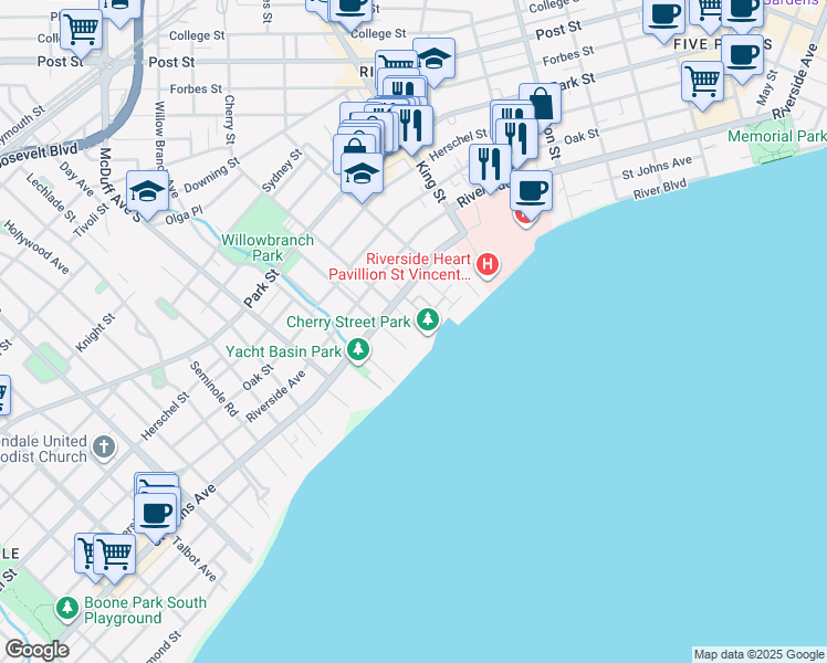 map of restaurants, bars, coffee shops, grocery stores, and more near 1840 Cherry Street in Jacksonville