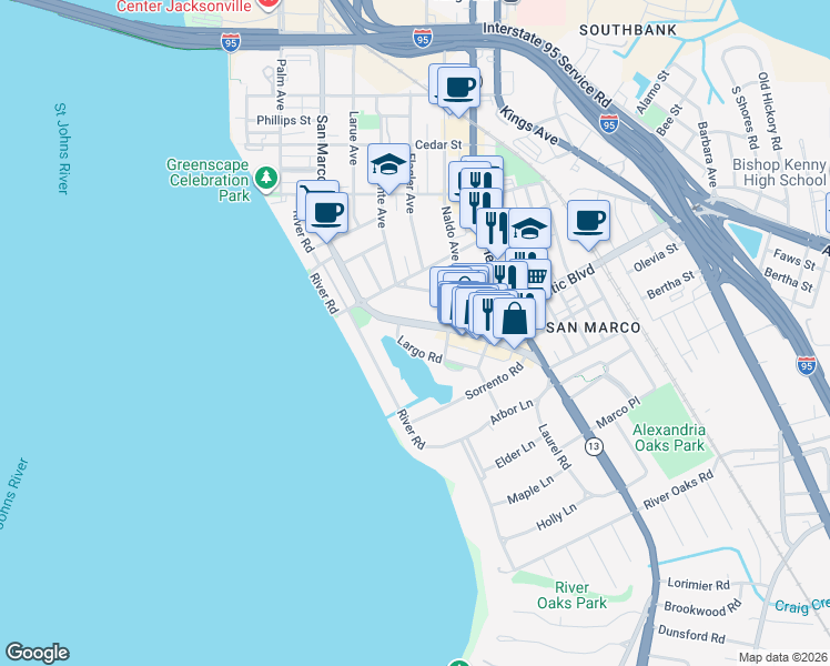 map of restaurants, bars, coffee shops, grocery stores, and more near 1898 San Marco Boulevard in Jacksonville