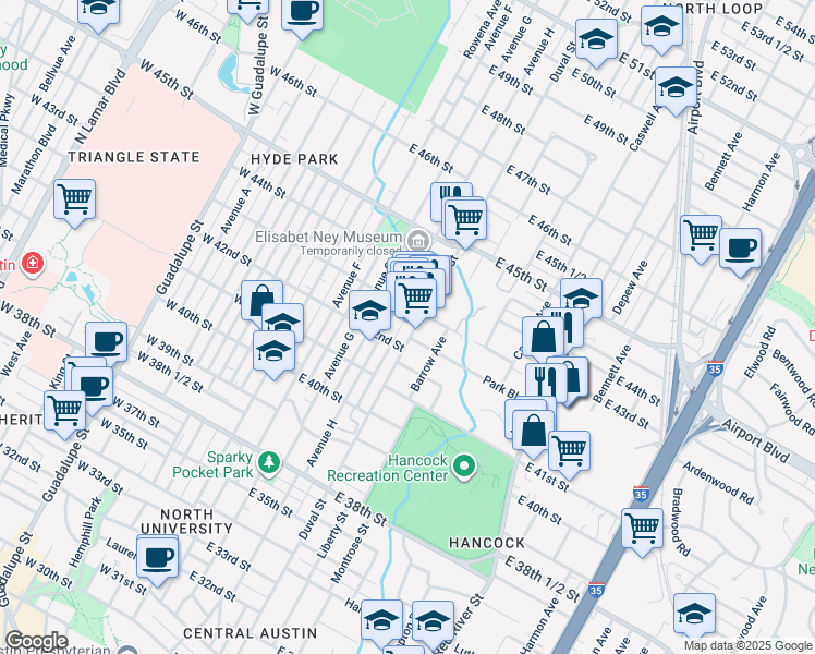 map of restaurants, bars, coffee shops, grocery stores, and more near 417 East 43rd Street in Austin