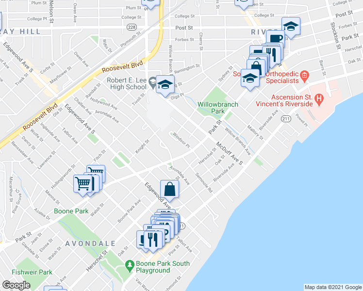 map of restaurants, bars, coffee shops, grocery stores, and more near 1416 Windsor Place in Jacksonville
