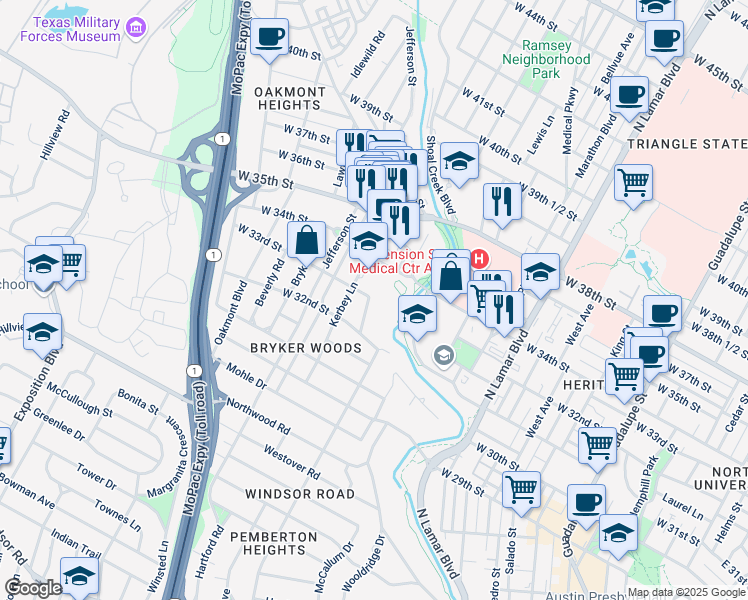map of restaurants, bars, coffee shops, grocery stores, and more near 3215 Churchill Drive in Austin