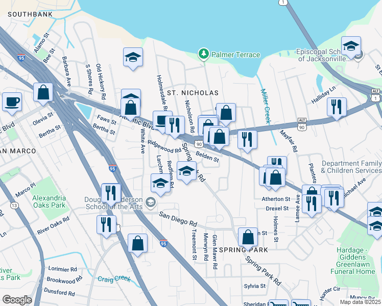 map of restaurants, bars, coffee shops, grocery stores, and more near 2117 Spring Park Road in Jacksonville
