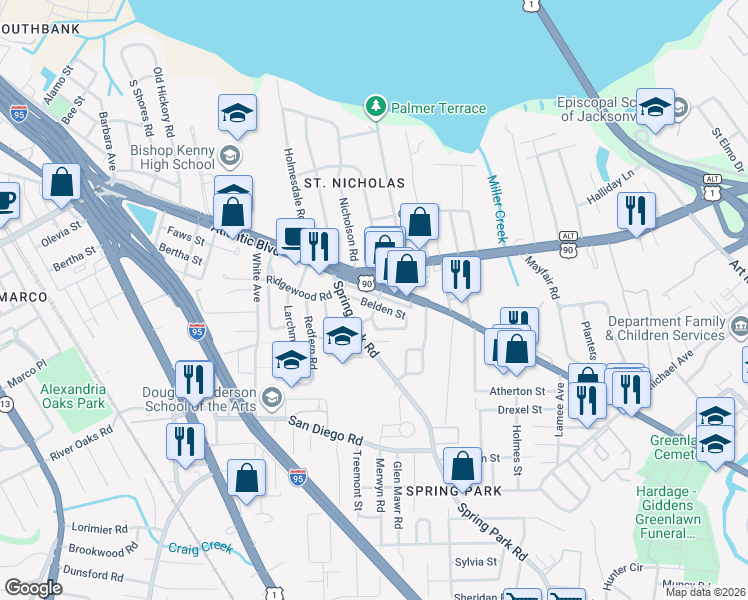 map of restaurants, bars, coffee shops, grocery stores, and more near 3041 Belden Street in Jacksonville