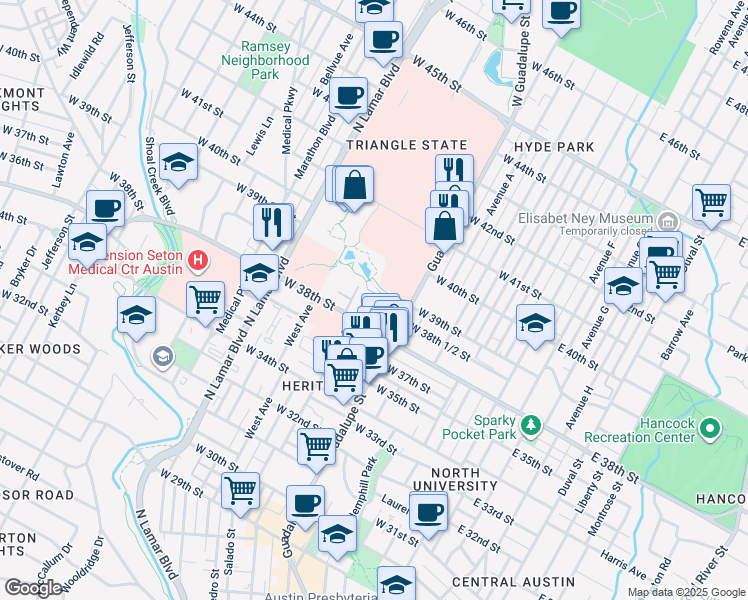 map of restaurants, bars, coffee shops, grocery stores, and more near 800 West 38th Street in Austin