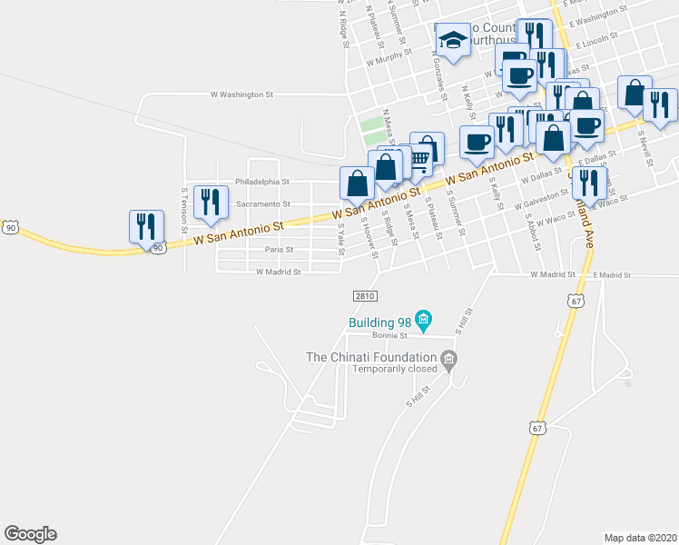 map of restaurants, bars, coffee shops, grocery stores, and more near S Yale St in Marfa