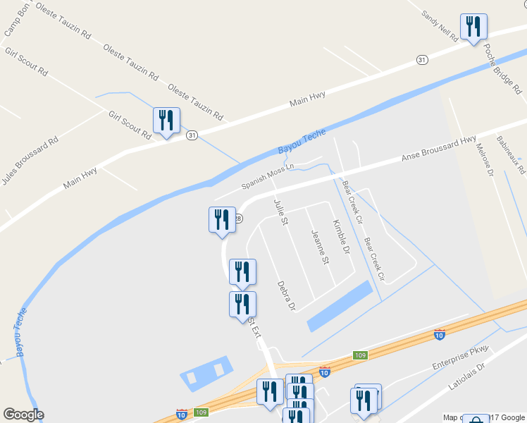 map of restaurants, bars, coffee shops, grocery stores, and more near 1005 Par Road 798 in Breaux Bridge