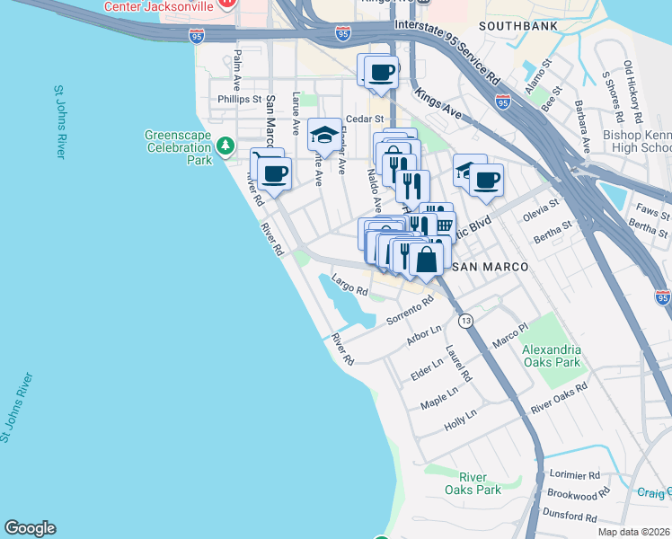 map of restaurants, bars, coffee shops, grocery stores, and more near 1898 San Marco Boulevard in Jacksonville